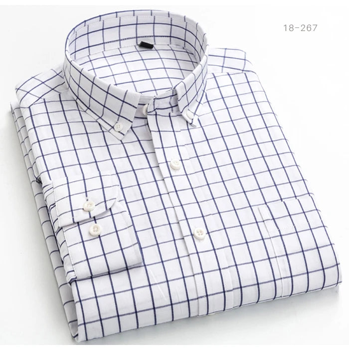 Men's Standard-Fit Long-Sleeve Casual Checked Shirt Single Patch Pocket