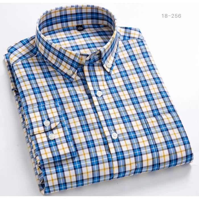 Men's Standard-Fit Long-Sleeve Casual Checked Shirt Single Patch Pocket