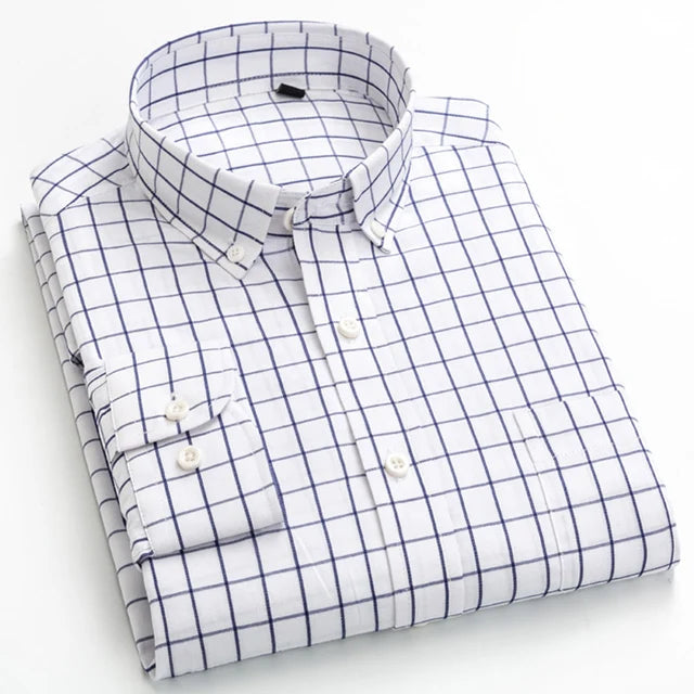 Men's Standard-Fit Long-Sleeve Casual Checked Shirt Single Patch Pocket