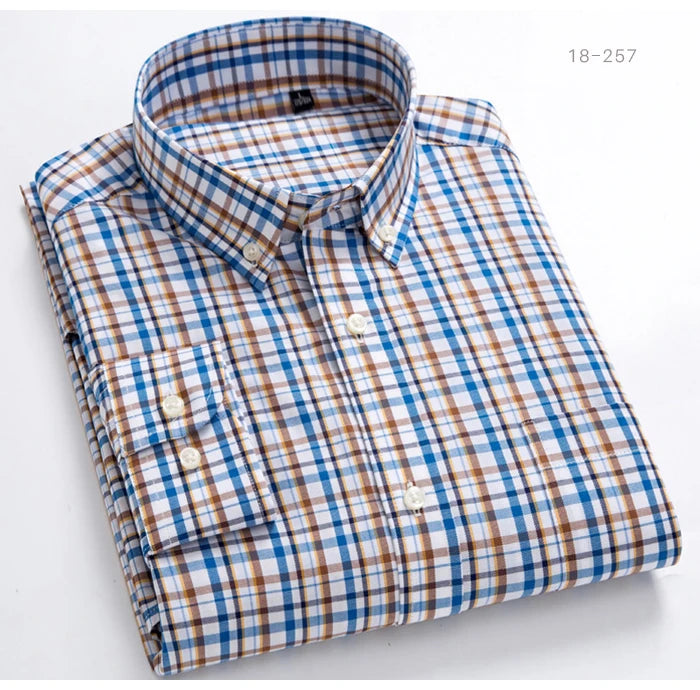 Men's Standard-Fit Long-Sleeve Casual Checked Shirt Single Patch Pocket