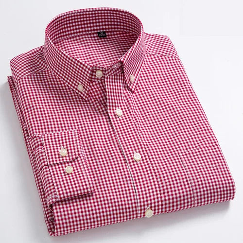 Men's Standard-Fit Long-Sleeve Casual Checked Shirt Single Patch Pocket