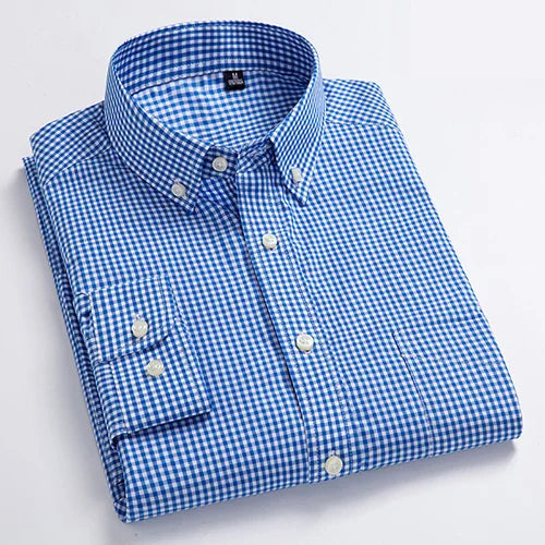 Men's Standard-Fit Long-Sleeve Casual Checked Shirt Single Patch Pocket