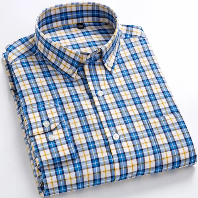 Men's Standard-Fit Long-Sleeve Casual Checked Shirt Single Patch Pocket