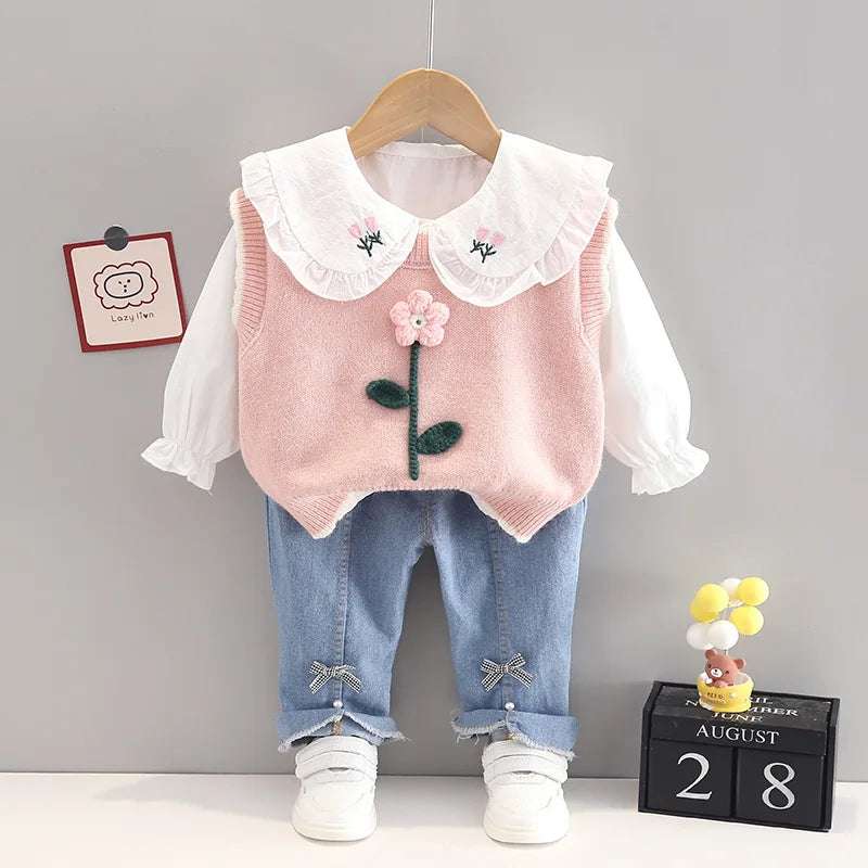 Spring newborn Baby Girls' Clothes Outfit sets Knitted Vest Shirt Bow Jeans