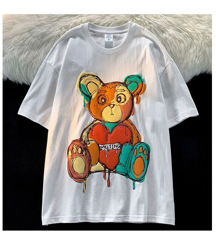 Pure Cotton Retro Graffiti Teddy Bear Printed Short Sleeved T-shirt for Male