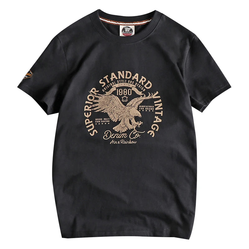 Summer New American Retro Short-sleeved O-neck Eagle Printed T-shirt