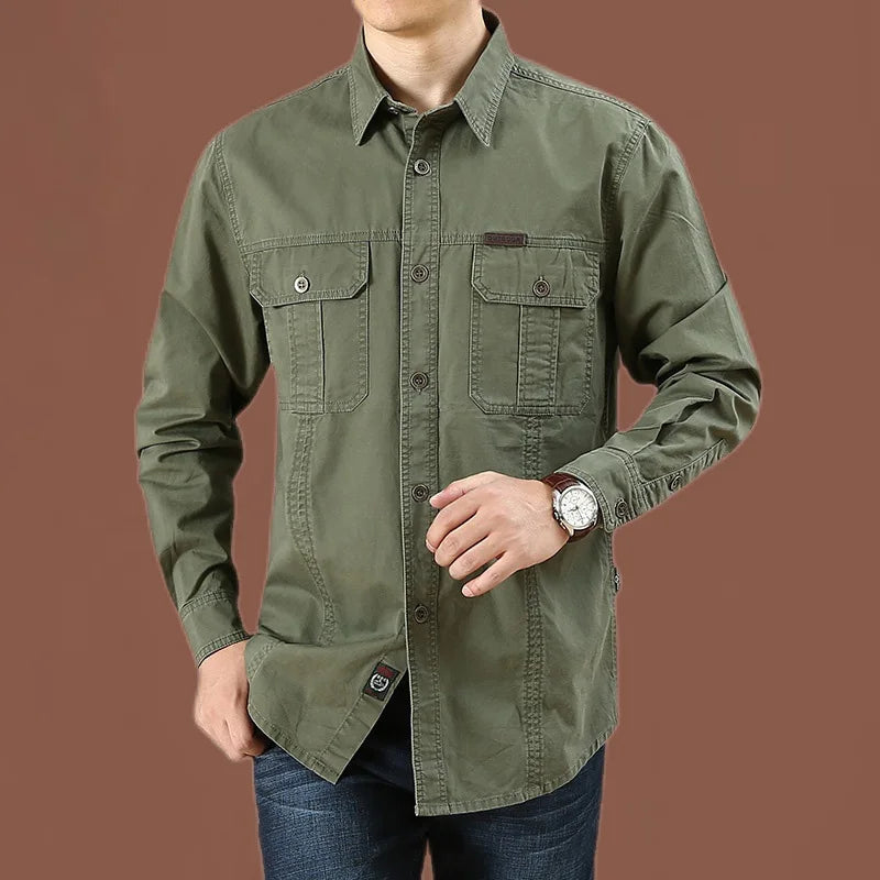 Cargo Shirt Men Long Sleeve Casual Cotton Shirts High Quality Camisa Militar