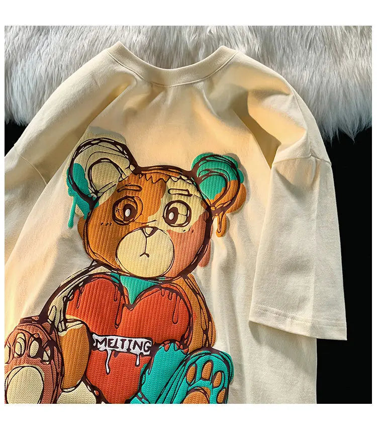 Pure Cotton Retro Graffiti Teddy Bear Printed Short Sleeved T-shirt for Male