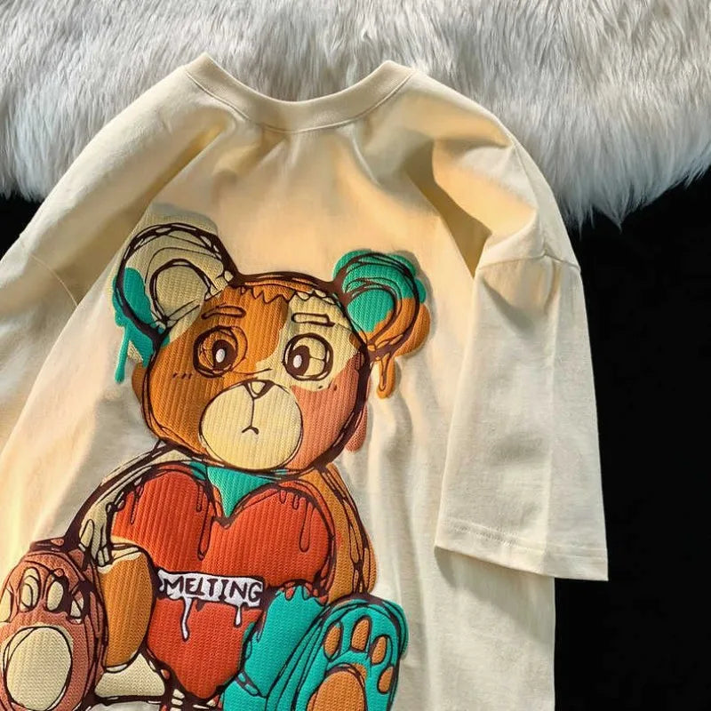 Pure Cotton Retro Graffiti Teddy Bear Printed Short Sleeved T-shirt for Male