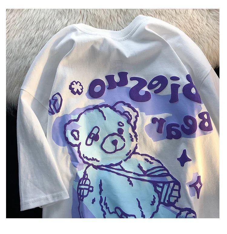 Bear t shirt female American retro oversize cotton short sleeved