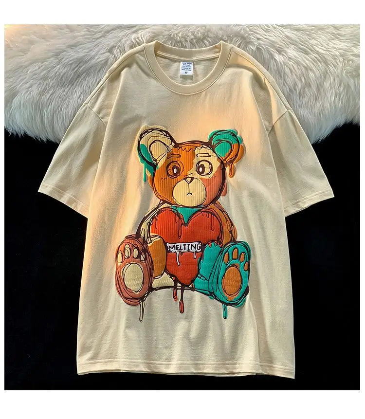 Pure Cotton Retro Graffiti Teddy Bear Printed Short Sleeved T-shirt for Male