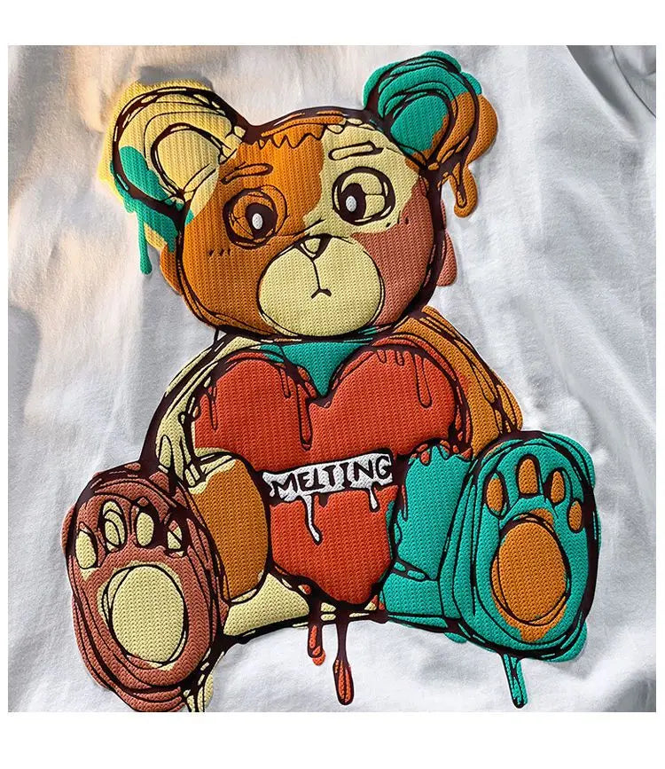 Pure Cotton Retro Graffiti Teddy Bear Printed Short Sleeved T-shirt for Male