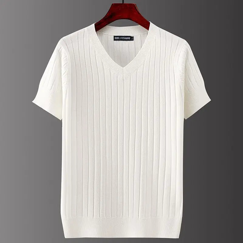 Men's Short Sleeve T-shirts V-neck Casual Knitting Striped Tops