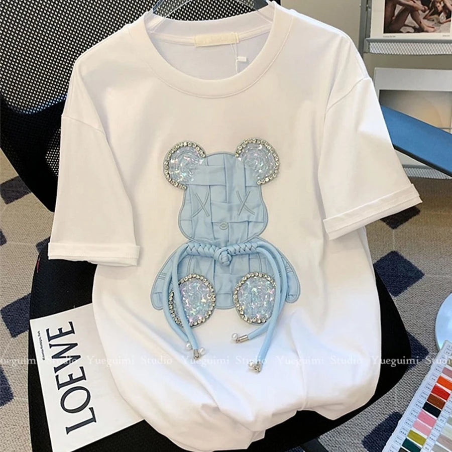 Luxury Embroidery Bear Diamond T Shirts Cute Cartoon Summer Tee Tops