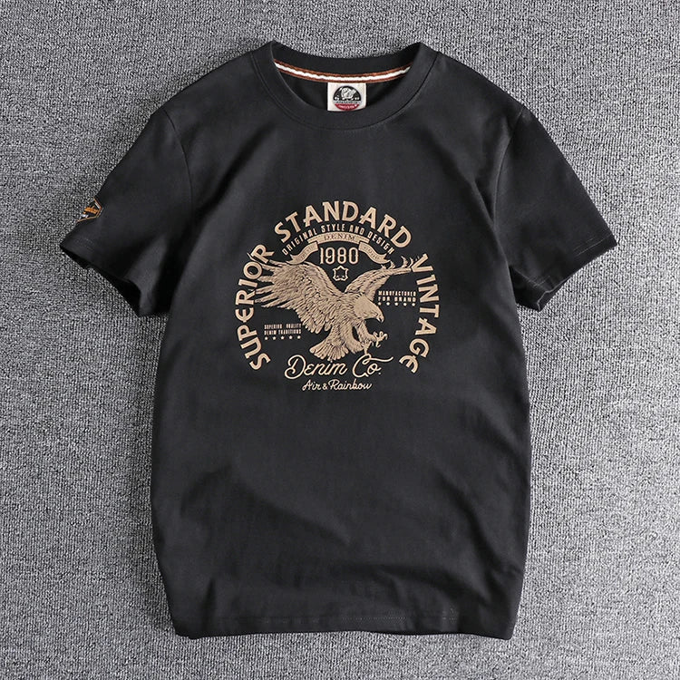 Summer New American Retro Short-sleeved O-neck Eagle Printed T-shirt