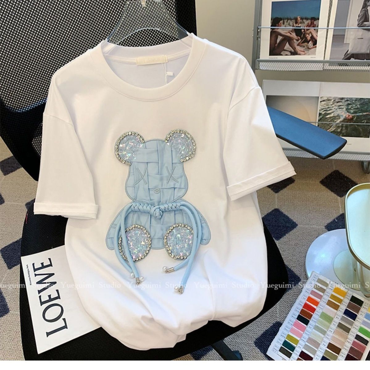 Luxury Embroidery Bear Diamond T Shirts Cute Cartoon Summer Tee Tops