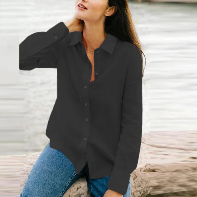 Elegant Women Long Sleeve Button Up White Shirt Woman Long Sleeve