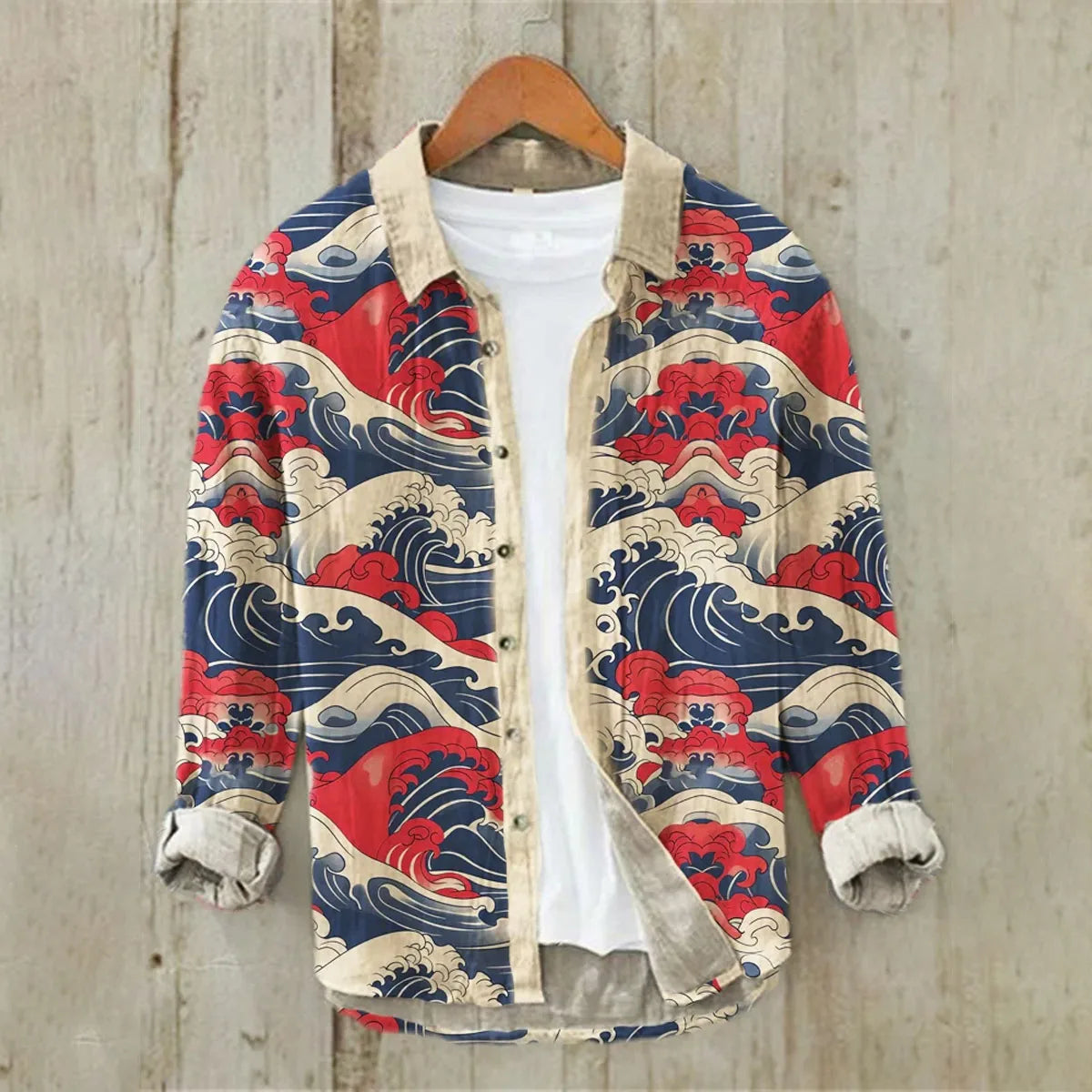 Linen Printed Long Sleeve Shirt Ocean Wave Traditional Pattern Art Hawaiian Shirt