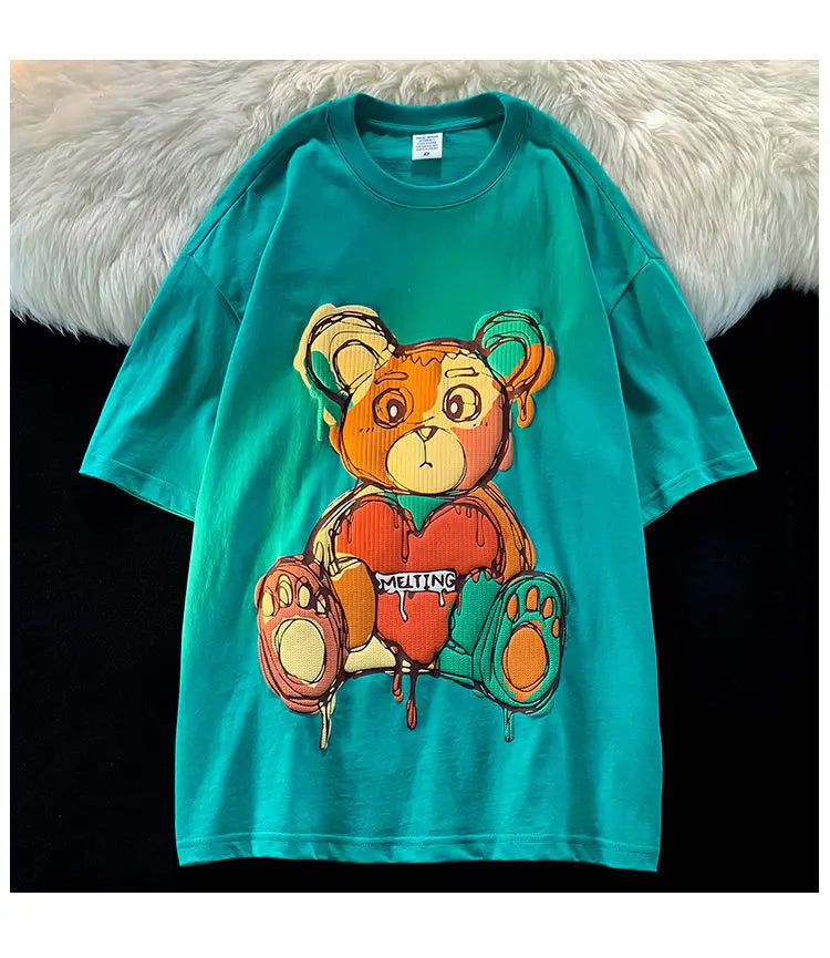 Pure Cotton Retro Graffiti Teddy Bear Printed Short Sleeved T-shirt for Male