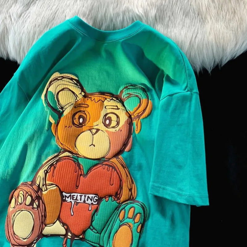 Pure Cotton Retro Graffiti Teddy Bear Printed Short Sleeved T-shirt for Male