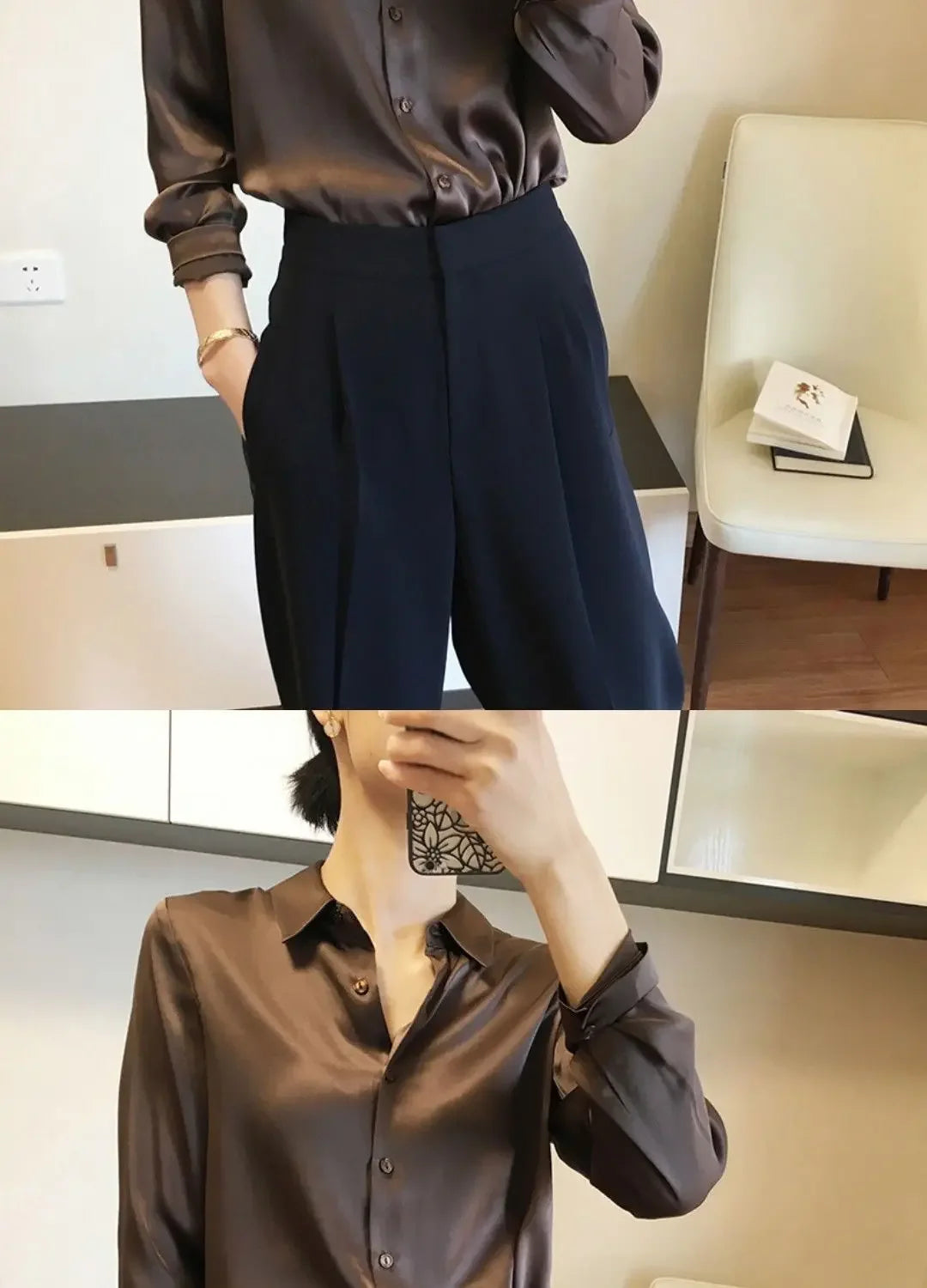 Silk Brown Clothes Wear To Work Office Outfits Long Sleeve Purple Spring