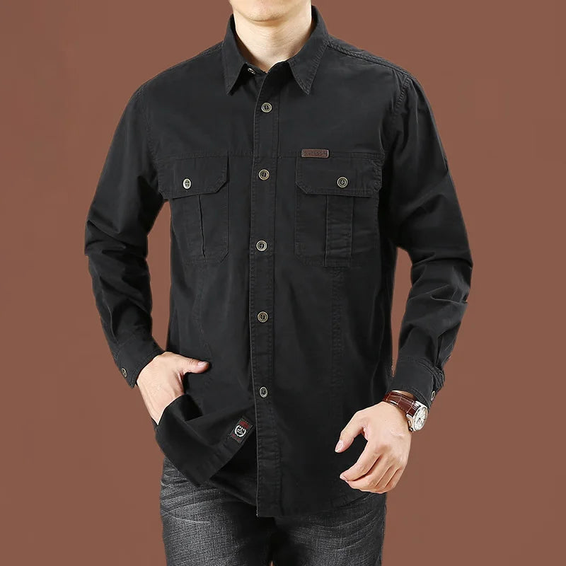 Cargo Shirt Men Long Sleeve Casual Cotton Shirts High Quality Camisa Militar