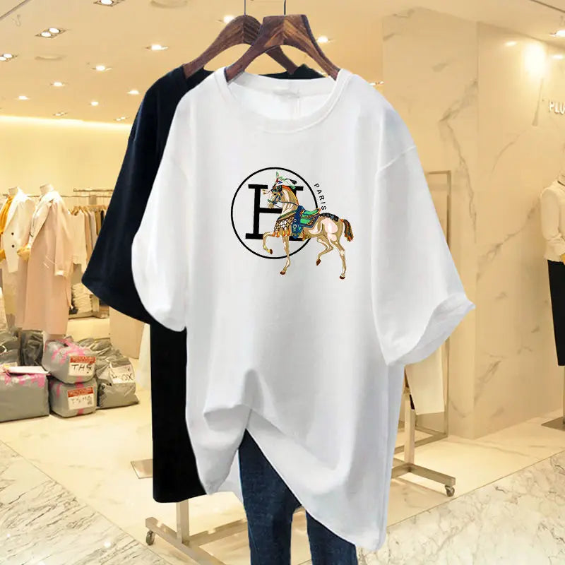 Women Clothing Animal Letter Printed Chic Loose T-shirt Summer Short Sleeve