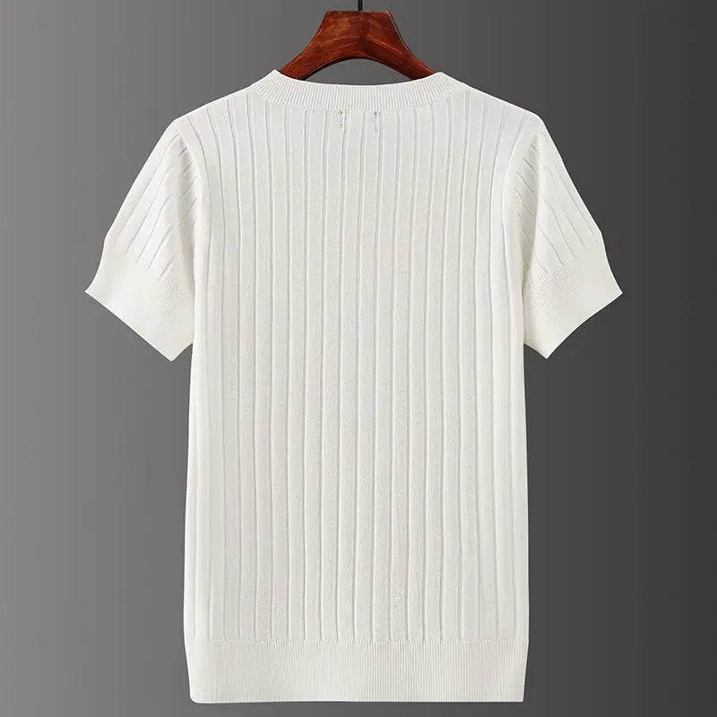 Men's Short Sleeve T-shirts V-neck Casual Knitting Striped Tops