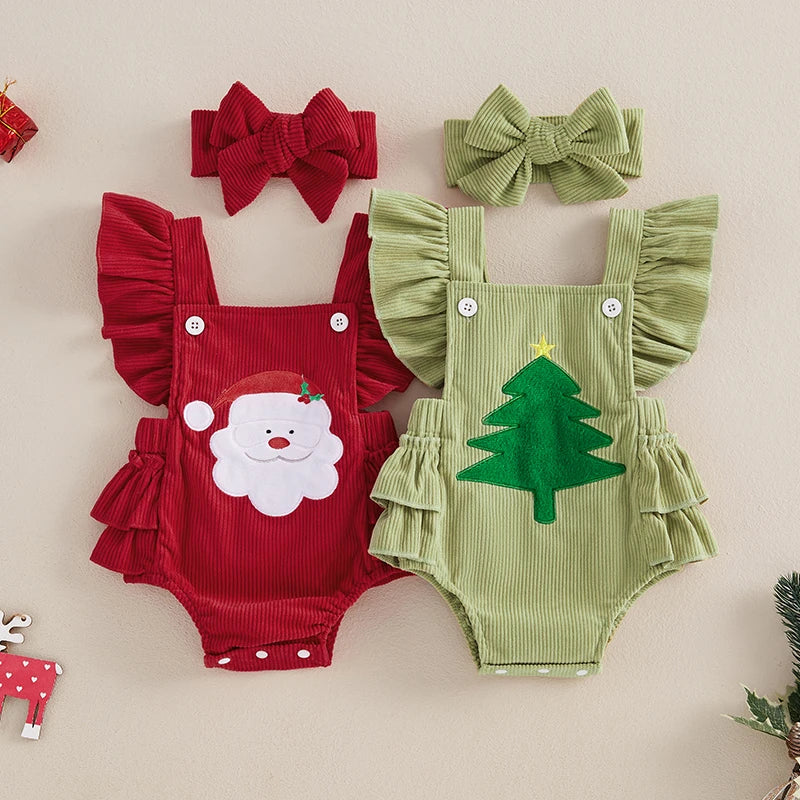 Baby Clothing Girl Overalls Romper Christmas Tree/Santa Embroidered Square