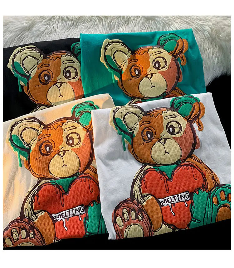 Pure Cotton Retro Graffiti Teddy Bear Printed Short Sleeved T-shirt for Male