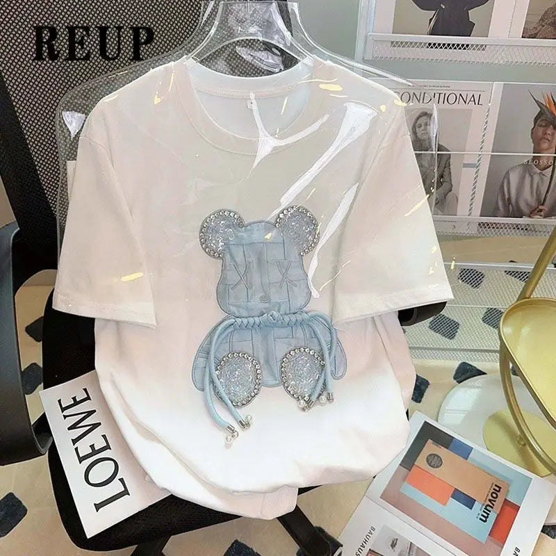 Luxury Embroidery Bear Diamond T Shirts Cute Cartoon Summer Tee Tops