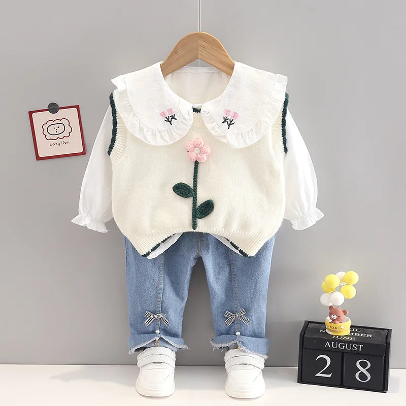 Spring newborn Baby Girls' Clothes Outfit sets Knitted Vest Shirt Bow Jeans