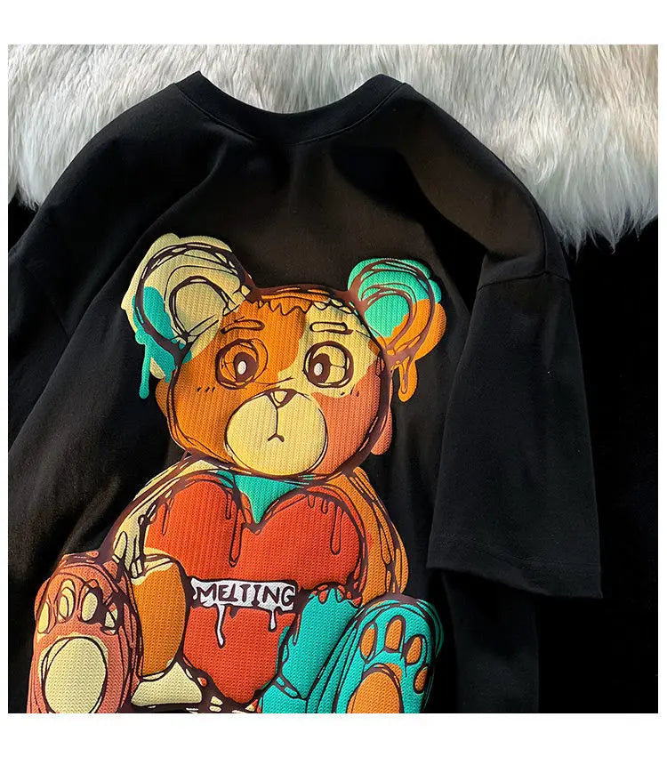 Pure Cotton Retro Graffiti Teddy Bear Printed Short Sleeved T-shirt for Male