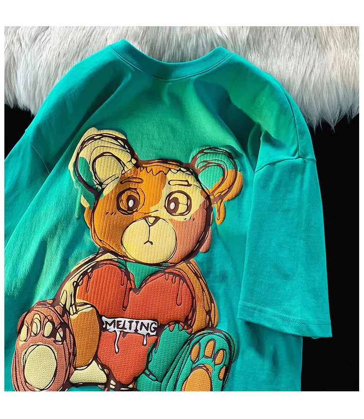 Pure Cotton Retro Graffiti Teddy Bear Printed Short Sleeved T-shirt for Male