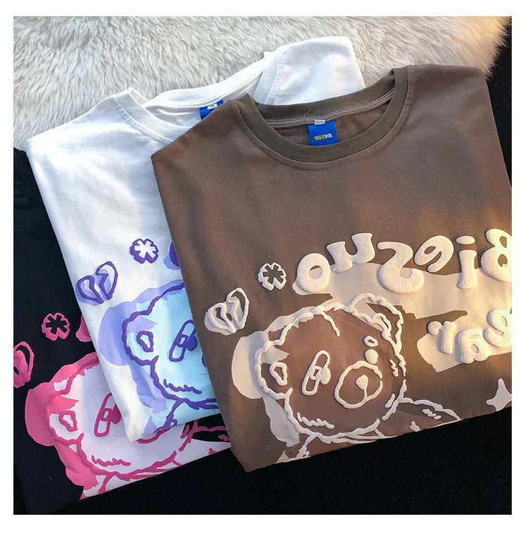 Bear t shirt female American retro oversize cotton short sleeved