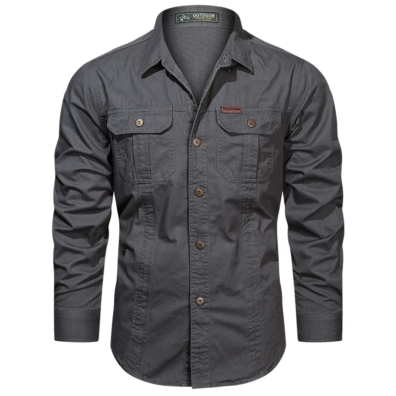 Cargo Shirt Men Long Sleeve Casual Cotton Shirts High Quality Camisa Militar