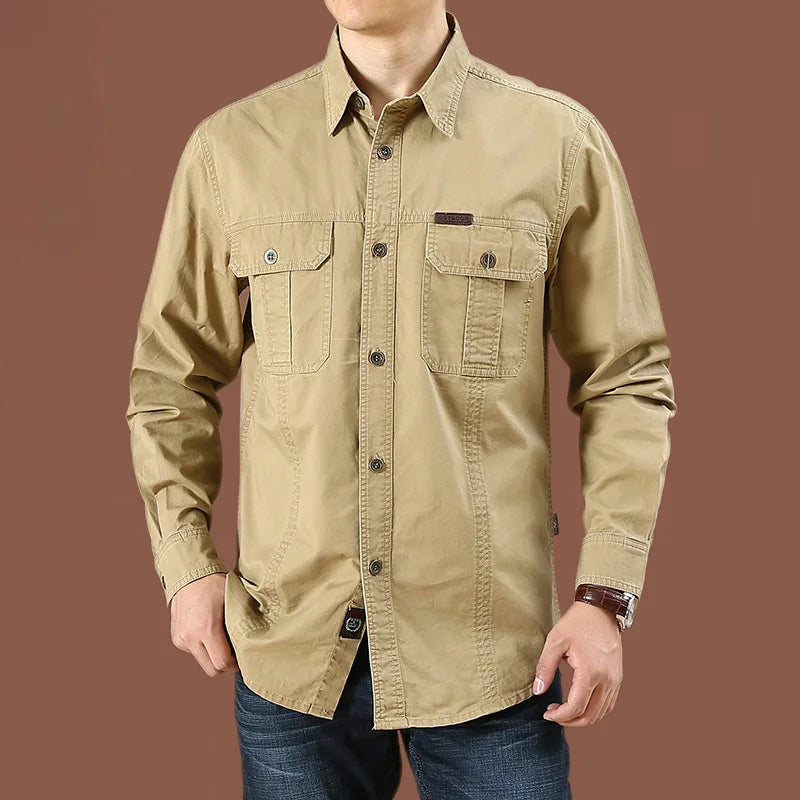 Cargo Shirt Men Long Sleeve Casual Cotton Shirts High Quality Camisa Militar