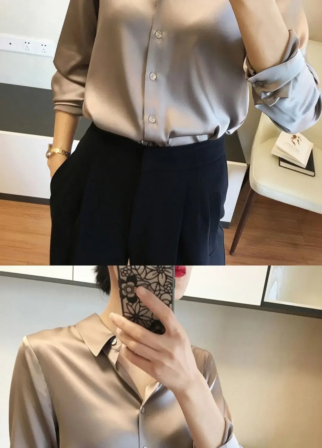 Silk Brown Clothes Wear To Work Office Outfits Long Sleeve Purple Spring