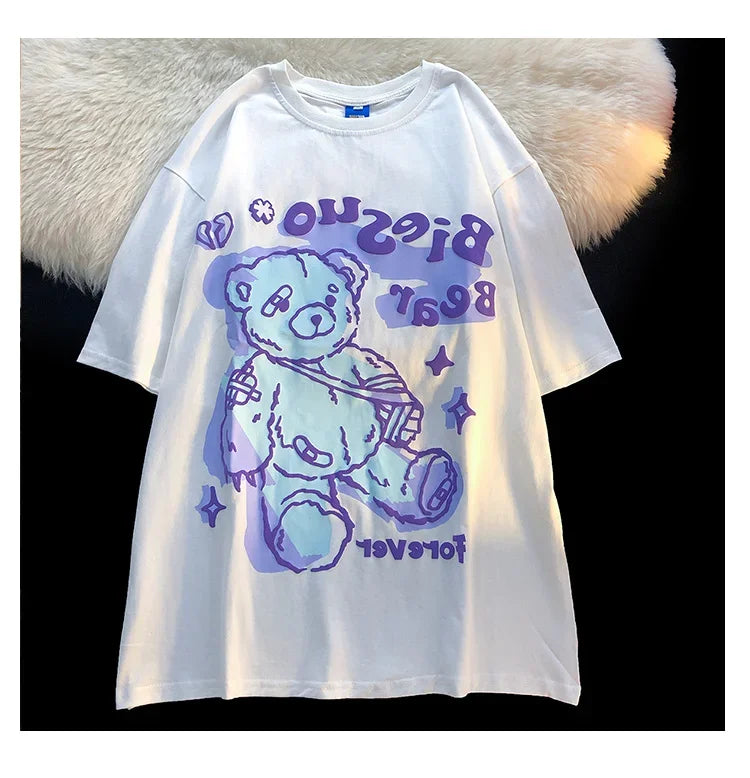 Bear t shirt female American retro oversize cotton short sleeved