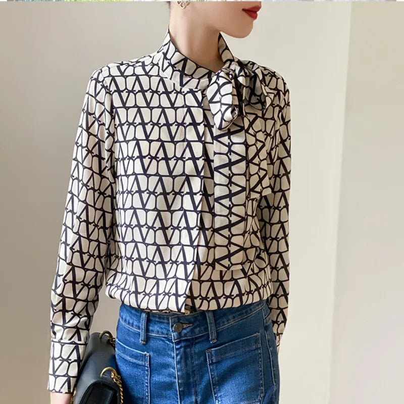 Chiffon Vintage Women Blouses Spring/Summer Bow Loose Plaid Clothing