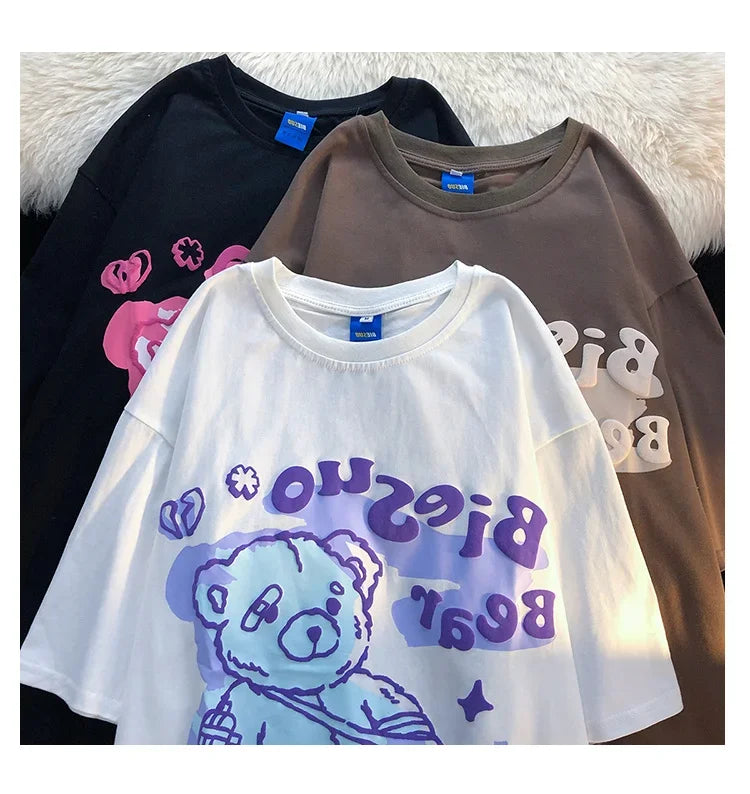 Bear t shirt female American retro oversize cotton short sleeved