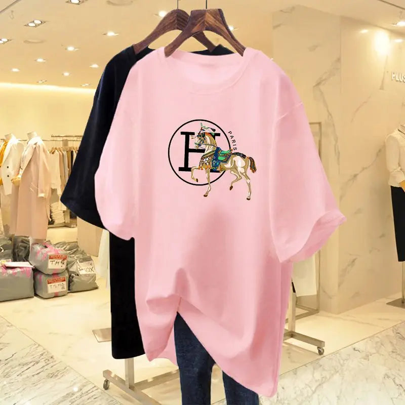 Women Clothing Animal Letter Printed Chic Loose T-shirt Summer Short Sleeve