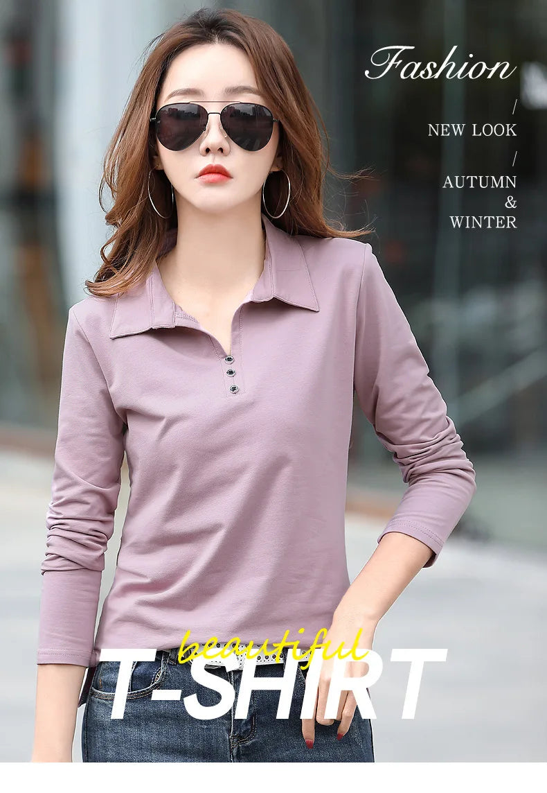 Spring and Autumn Long Sleeve Women's T-shirt Polo Bottom Shirt