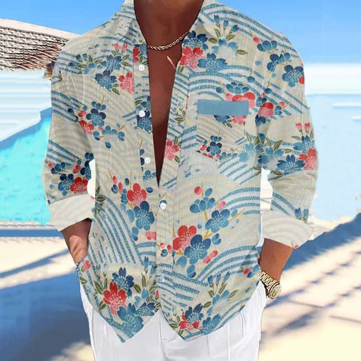 Linen Printed Long Sleeve Shirt Ocean Wave Traditional Pattern Art Hawaiian Shirt