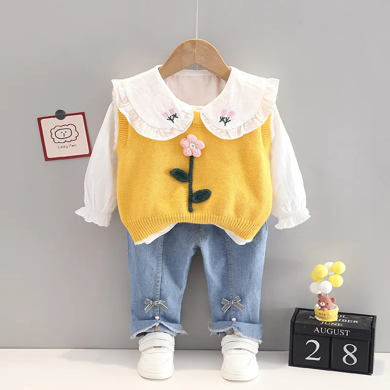 Spring newborn Baby Girls' Clothes Outfit sets Knitted Vest Shirt Bow Jeans