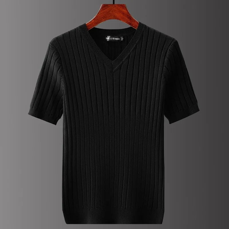 Men's Short Sleeve T-shirts V-neck Casual Knitting Striped Tops