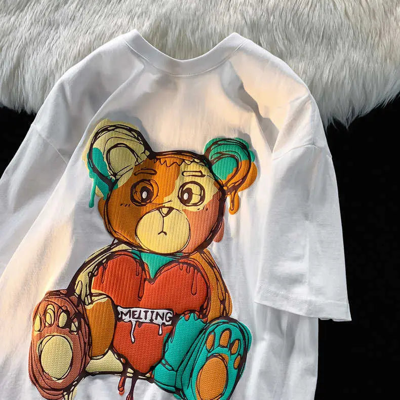 Pure Cotton Retro Graffiti Teddy Bear Printed Short Sleeved T-shirt for Male