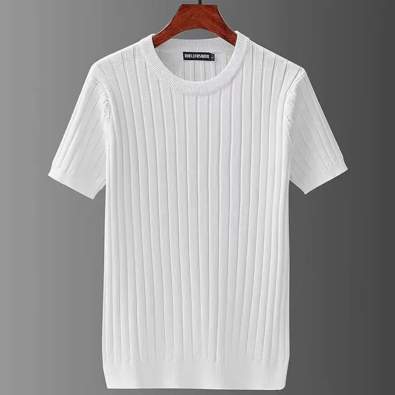 Men's Short Sleeve T-shirts V-neck Casual Knitting Striped Tops