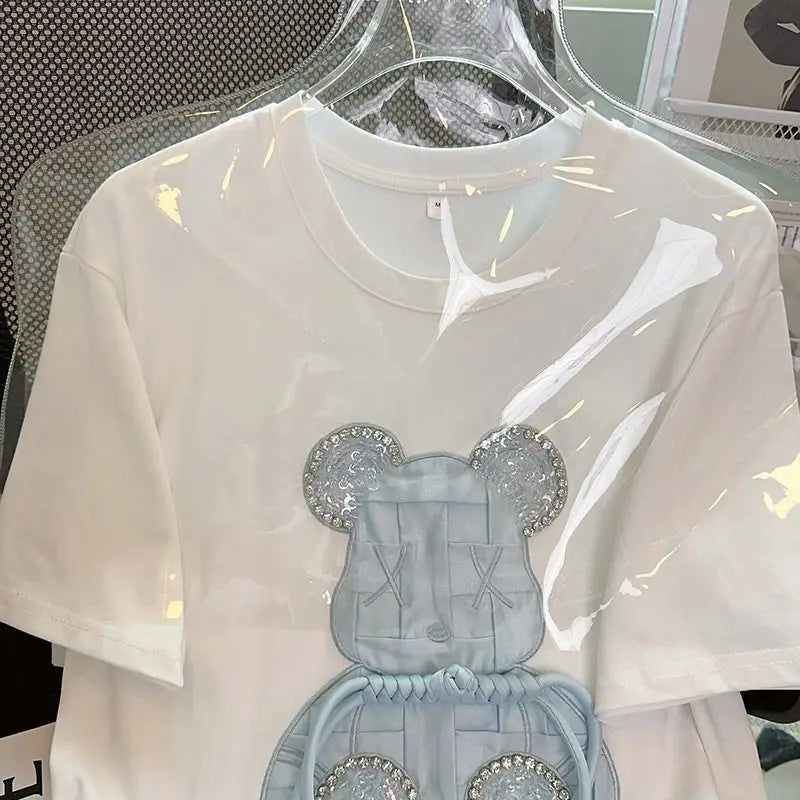 Luxury Embroidery Bear Diamond T Shirts Cute Cartoon Summer Tee Tops