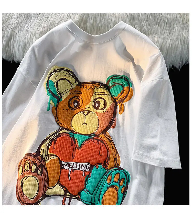 Pure Cotton Retro Graffiti Teddy Bear Printed Short Sleeved T-shirt for Male